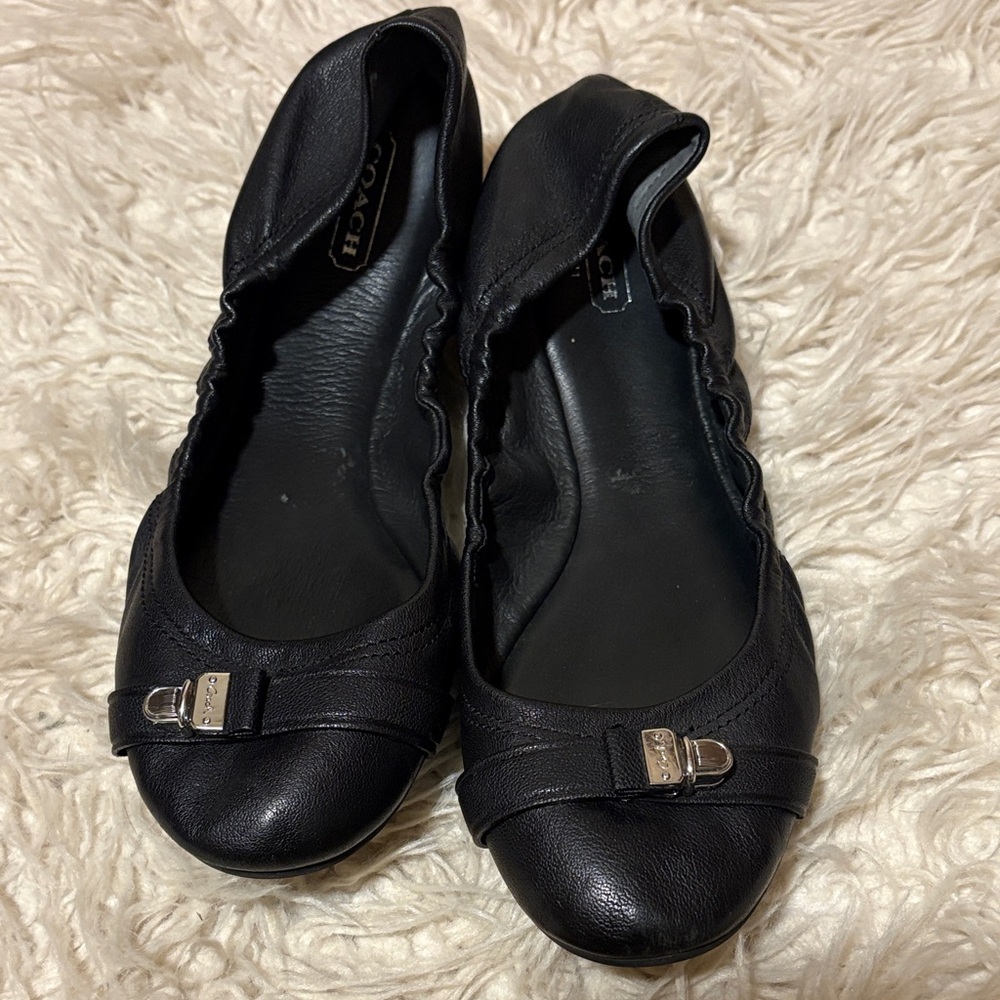 Coach Black Leather Flats with Silver Buckle